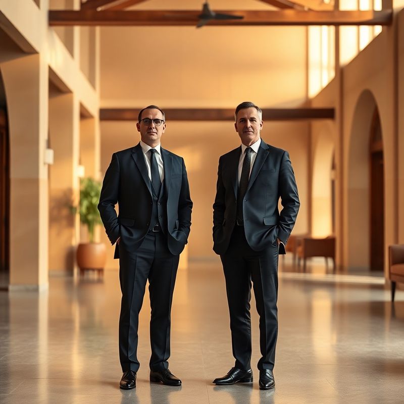 Doi consultanți seniori într-un hol de birou cu tonuri de nisip și olive